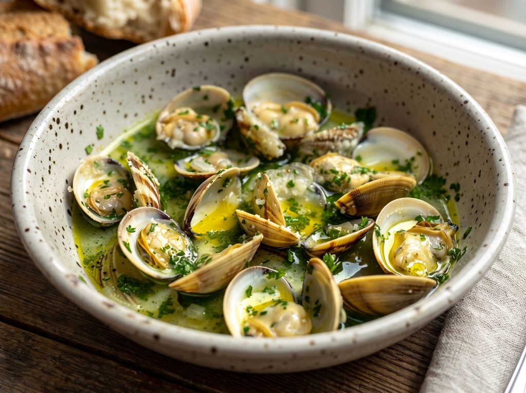 almejas en salsa verde con plato