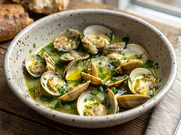 almejas en salsa verde con plato